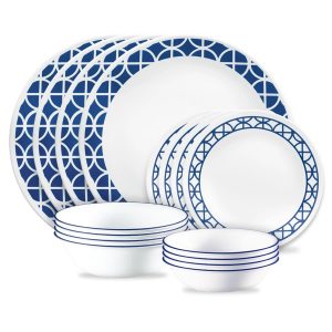 Corelle Cobalt Circles 16-piece Mugless Dinnerware Set. Service of 4