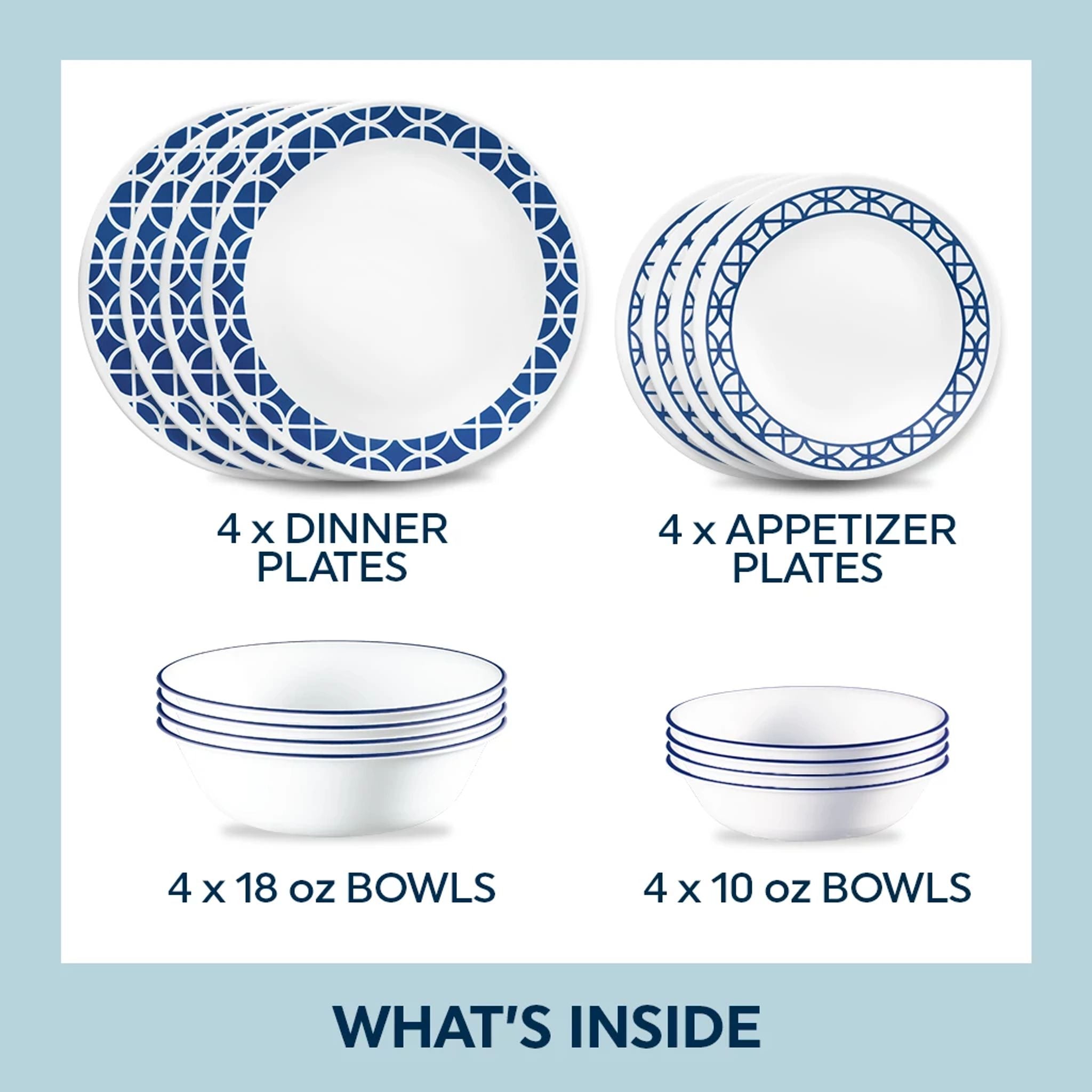 Corelle Cobalt Circles 16-piece Mugless Dinnerware Set. Service of 4 - Image 2
