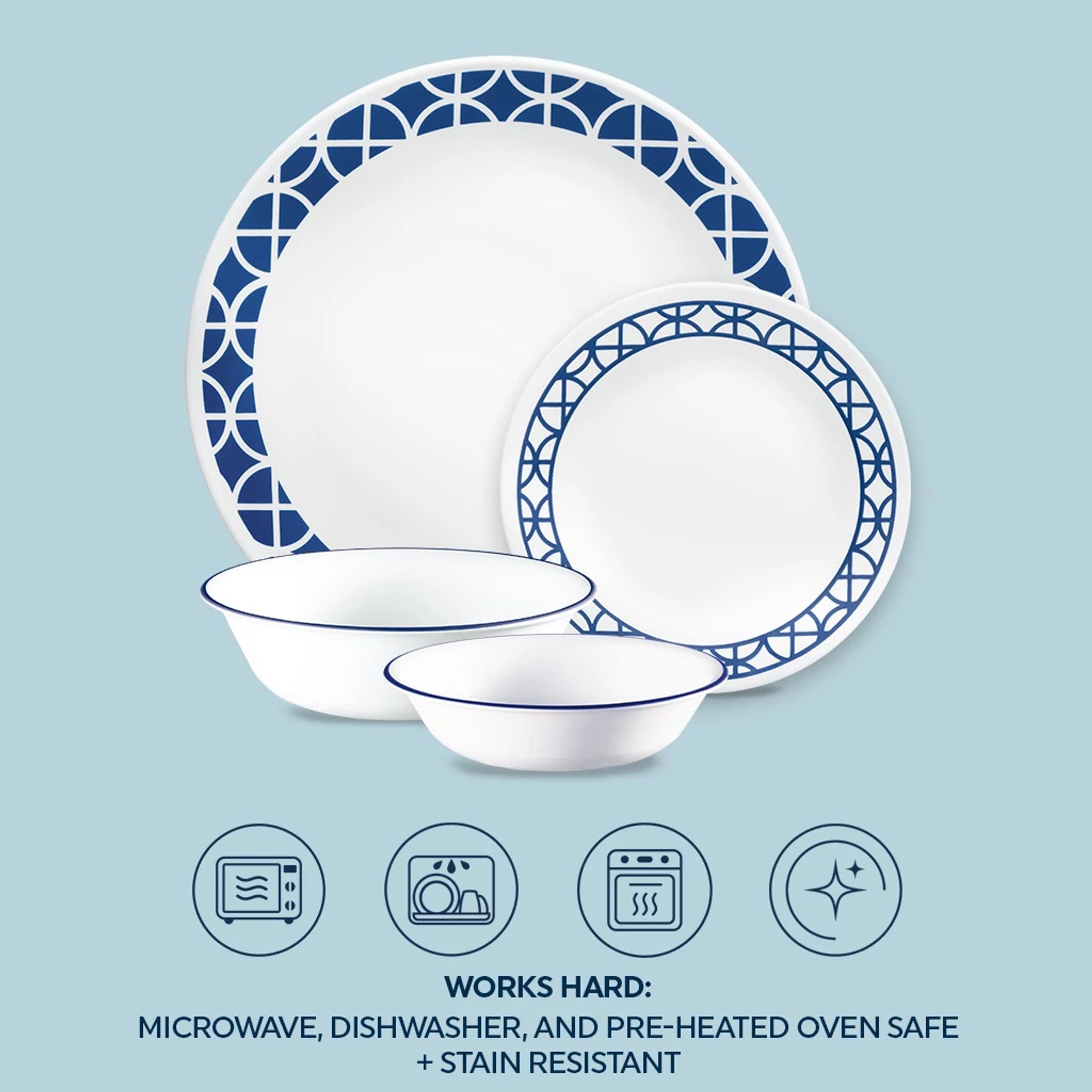 Corelle Cobalt Circles 16-piece Mugless Dinnerware Set. Service of 4 - Image 5