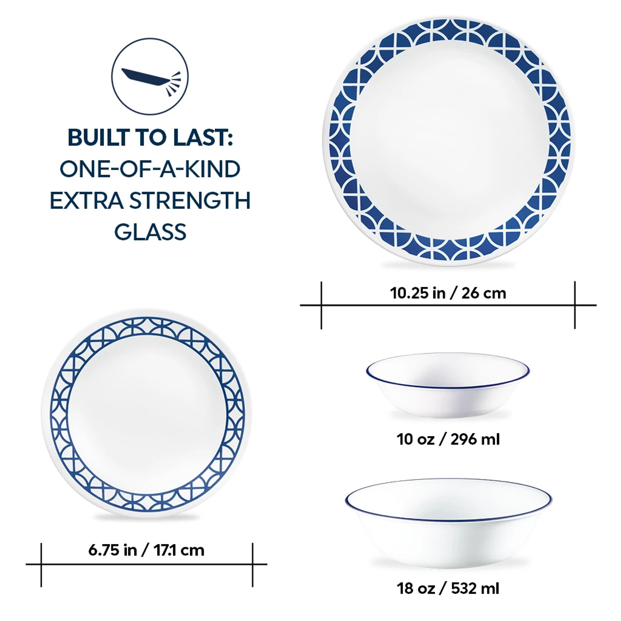 Corelle Cobalt Circles 16-piece Mugless Dinnerware Set. Service of 4 - Image 3