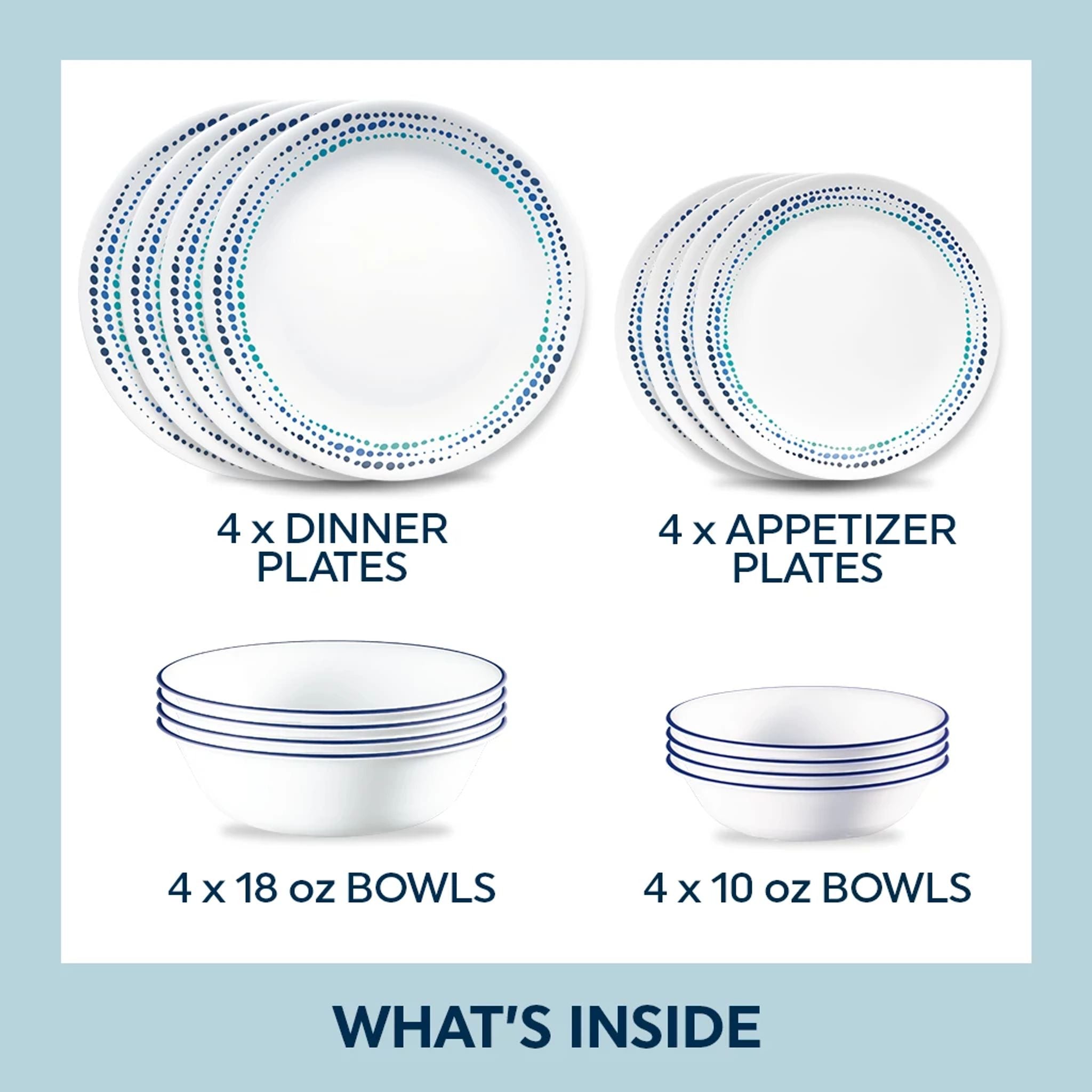 Corelle Ocean Blues 16-piece Mugless Dinnerware Set. Service of 4 - Image 2